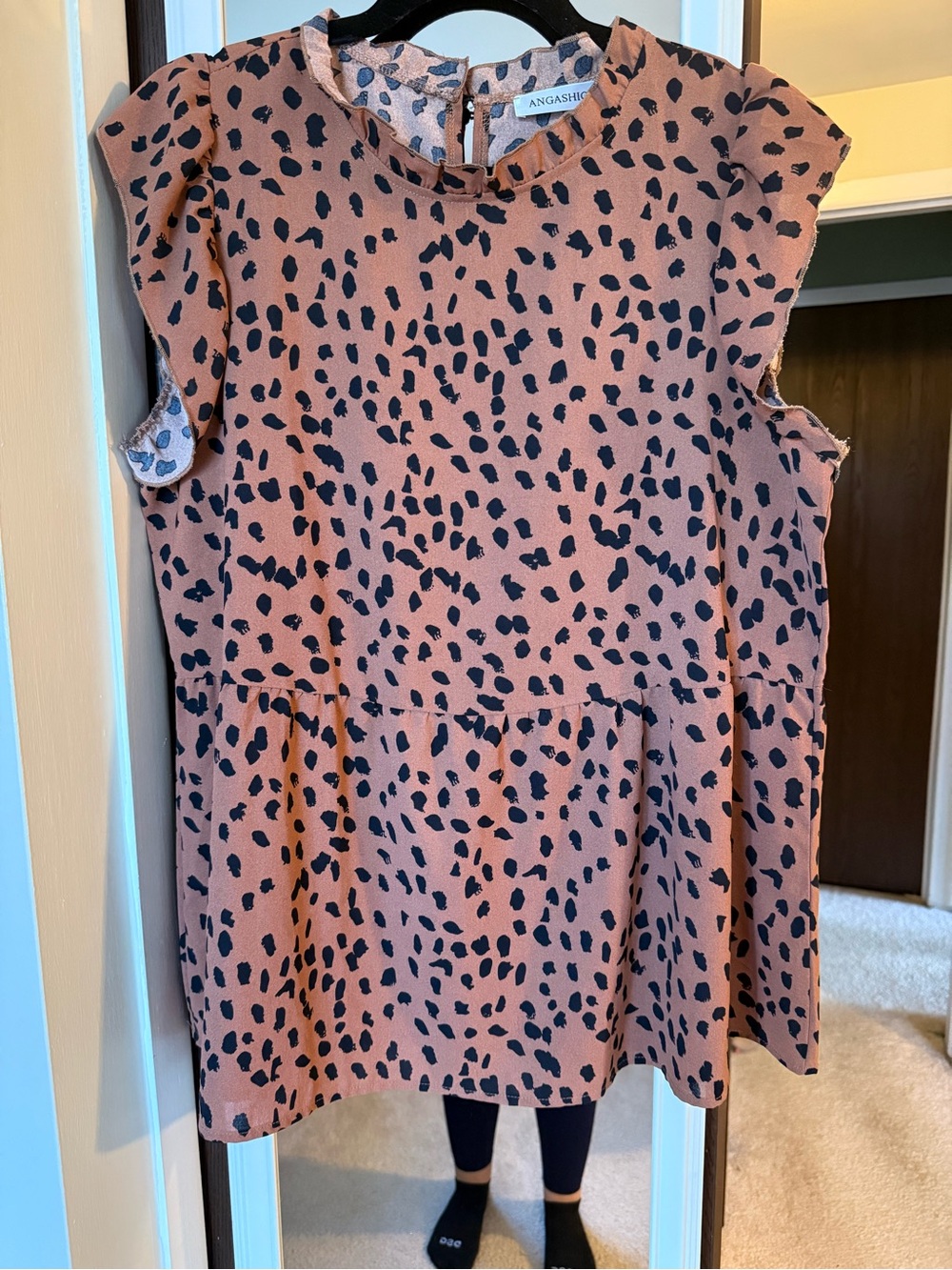 Amazon Pink Tan Animal Spot Ruffle Sleeve Blouse